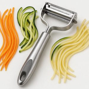 Julienne Peeler for Vegetable Pasta Stainless Steel Dual Blades Cutter for Carrots Potatoes Zucchini with Non Slip Handle Silver Design