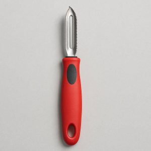 14 Serrated Fruit Peeler for Soft Skin Peeling Stainless Steel Blade for Tomatoes Peaches Kiwis with Comfortable Non Slip Grip Red Handle