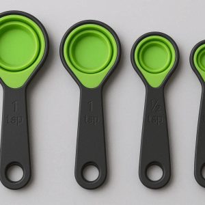 Collapsible Silicone Measuring Spoons Set of 4 Portable Folding Tools with Carved Scales for Camping Kitchen and Small Space Storage Green