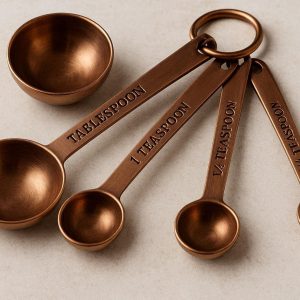 Heavy Duty Copper Finished Measuring Spoons Set of 4 Engraved Metal Spoons with Ring for Elegant Kitchen Decor and Precise Baking