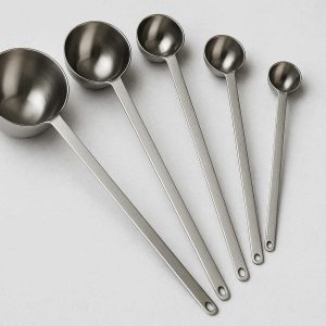 Long Handle Stainless Steel Measuring Spoons Set of 4 Deep Spoons for Reaching into Tall Spice Jars and Containers Silver Design