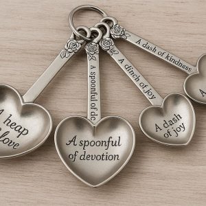 Heart Shaped Measuring Spoons Set of 4 Decorative Metal Spoons with Engraved Love Quotes for Wedding Favors and Baking Gifts Silver
