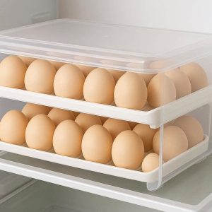 Egg Holder for Refrigerator 2 Tier Rolling Egg Dispenser with Lid Plastic Storage Box for 24 Eggs Space Saving Fridge Organizer