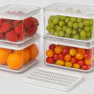 4 Refrigerator Storage Bins with Removable Drain Trays Set of 4 Clear Produce Saver Containers with Lids for Keeping Fruits Fresh