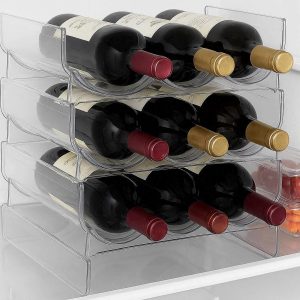 Stackable Wine Rack for Refrigerator Set of 4 Plastic Water Bottle Holder for Fridge Countertop and Pantry Space Saving Storage Clear