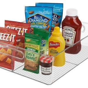Large Fridge Storage Bin with Dividers Clear Plastic Refrigerator Organizer for Packaged Foods Snacks and Condiments with Built in Handles
